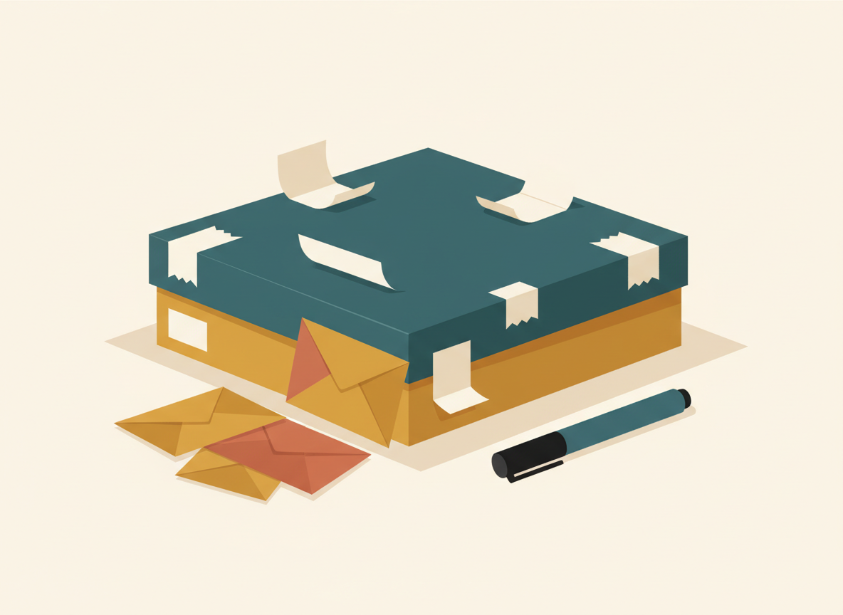 Ilustración de una caja de juego de mesa genérica con pegatinas y sobres cerrados, sugiriendo un juego legacy o de campaña