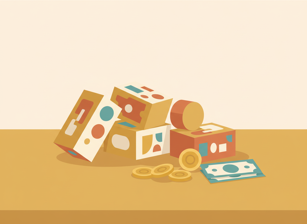 Ilustración vectorial de cajas de juegos de mesa genéricas junto a monedas y billetes, simbolizando buen precio