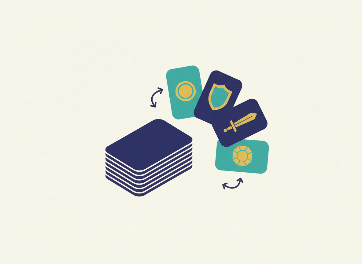 Ilustración vectorial de un mazo de cartas apiladas con iconos genéricos de moneda, escudo, espada y gema, representando la mecánica de construcción de mazos