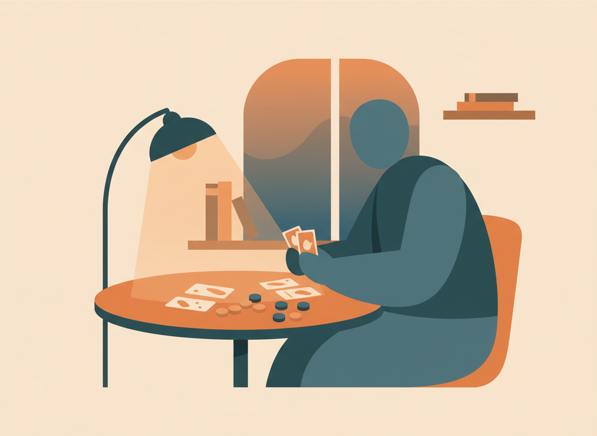 Ilustración de una persona jugando sola a un juego de mesa en una mesa acogedora